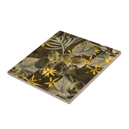 Waterverf floreel geel-bruin patroon. tegeltje (Zijkant)