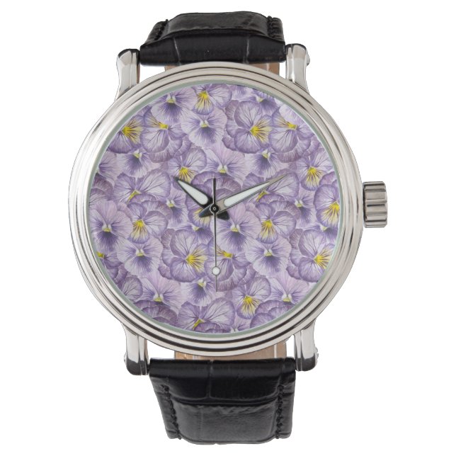 Waterverf floreel patroon met violette pansies horloge (Voorkant)