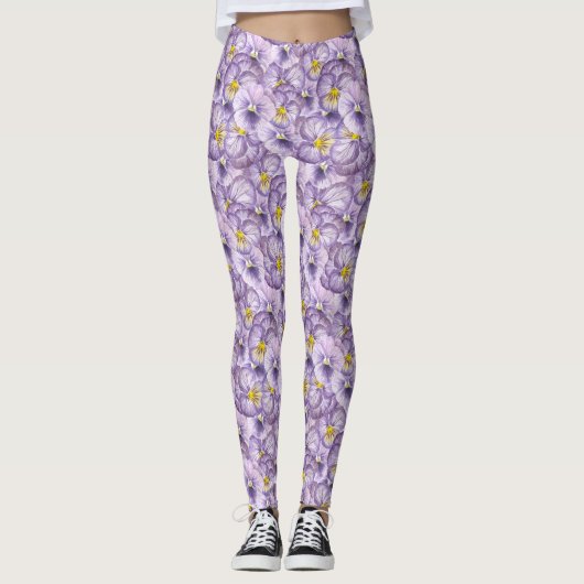 Waterverf floreel patroon met violette pansies leggings (Voorkant)