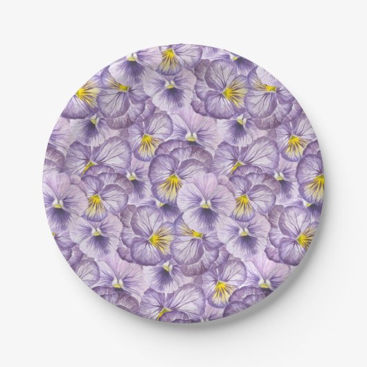 Waterverf floreel patroon met violette pansies papieren bordje (Voorkant)