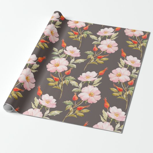 Waterverf floreel patroon van het roos van de hond cadeaupapier (Uitgerold)