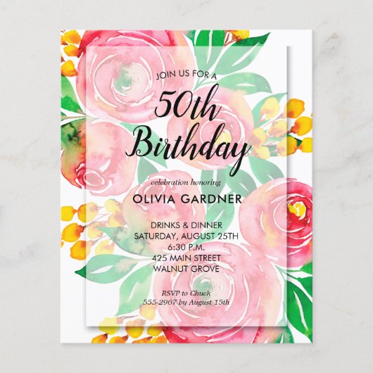 Waterverf florerende begroting Floral Birthday nod (Voorkant)