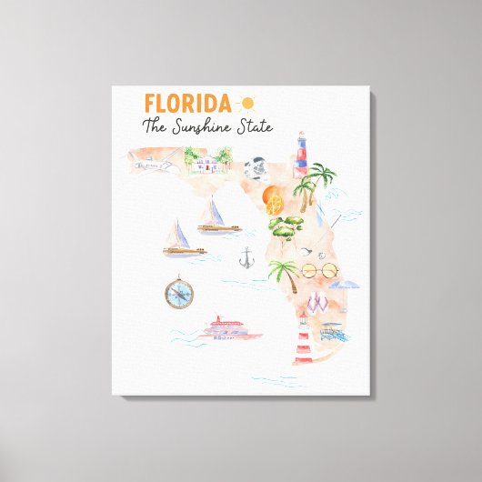 Waterverf Florida State Art Kaart Canvas Afdruk (Voorkant)