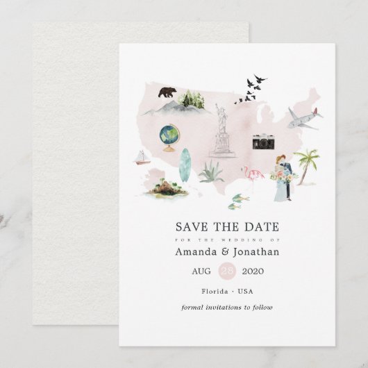 Waterverf Florida USA Destination Wedding Save The Date (Voorkant / Achterkant)