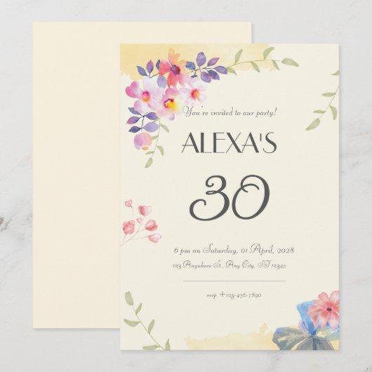 Waterverf Flower 30'th verjaardagsuitnodiging Kaart (Voorkant / Achterkant)
