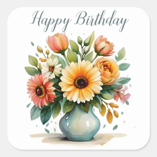 Waterverf Flower Bouquet Birthday Vierkante Sticker (Voorkant)