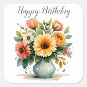 Waterverf Flower Bouquet Birthday Vierkante Sticker