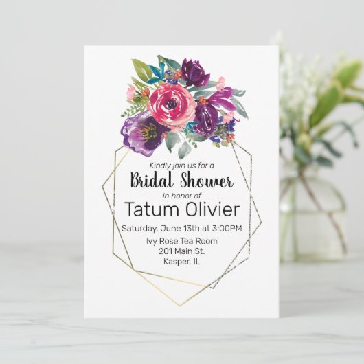 Waterverf Flower Bouquet Geometric Gold Lijst Kaart (Staand voorkant)