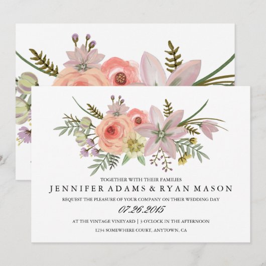 Waterverf Flower Bouquet | Uitnodiging tot weddens (Voorkant / Achterkant)