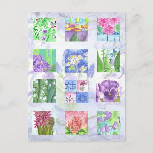 Waterverf Flower Collage Roze Rose Lila Pansies Briefkaart (Voorkant)