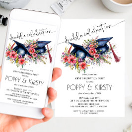 Waterverf Flower Double Graduation Party Kaart