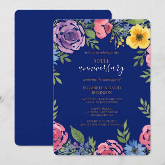 waterverf Flower Elegant 50ste verjaardag bruiloft Kaart (Voorkant / Achterkant)