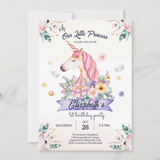 Waterverf Flower Unicorn Meisje Verjaardagsuitnodi Kaart (Voorkant)