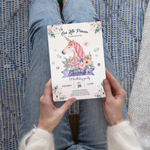 Waterverf Flower Unicorn Meisje Verjaardagsuitnodi Kaart