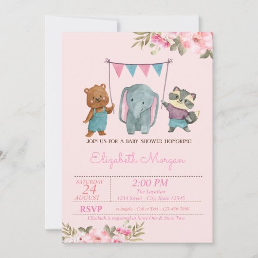 Waterverf Flowers Baby Animals Baby shower Kaart (Voorkant)