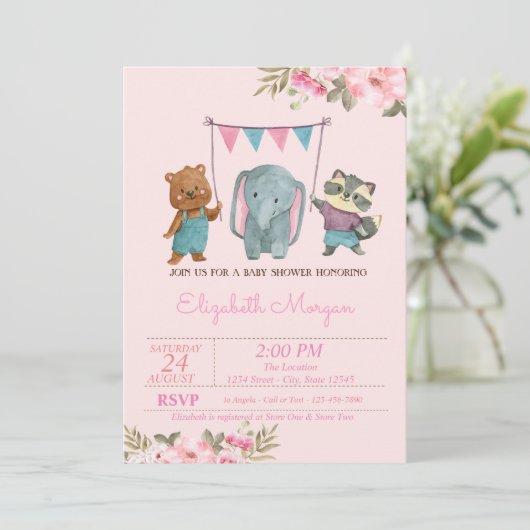 Waterverf Flowers Baby Animals Baby shower Kaart (Staand voorkant)