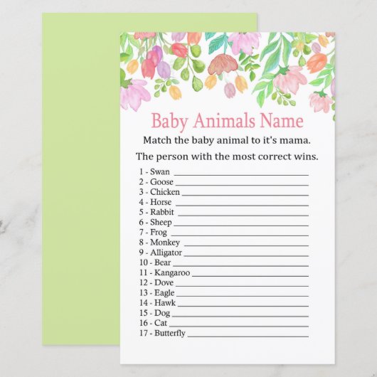 Waterverf Flowers Baby Animals Name Game (Voorkant / Achterkant)