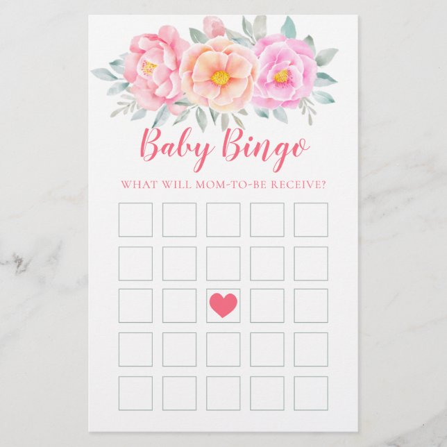 Waterverf Flowers Baby shower Game Baby Bingo (Voorkant)
