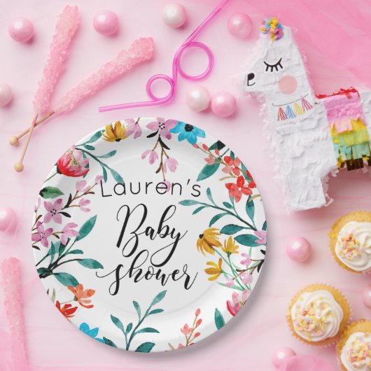 Waterverf Flowers Baby shower Papieren Bordje (Feest)