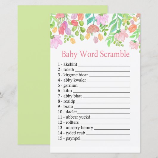 Waterverf Flowers Baby word scramble game (Voorkant / Achterkant)