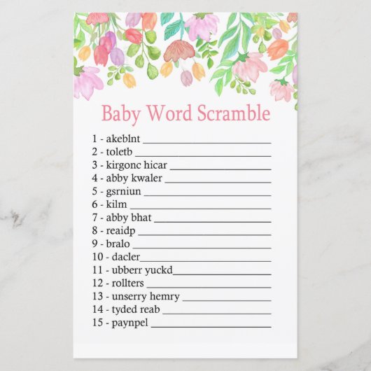 Waterverf Flowers Baby word scramble game (Voorkant)