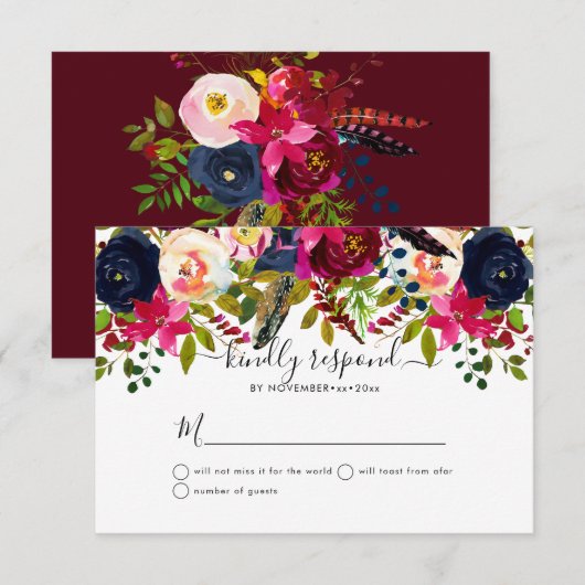 Waterverf Flowers Blush, Burgundy+Navy Aankondiging (Voorkant / Achterkant)