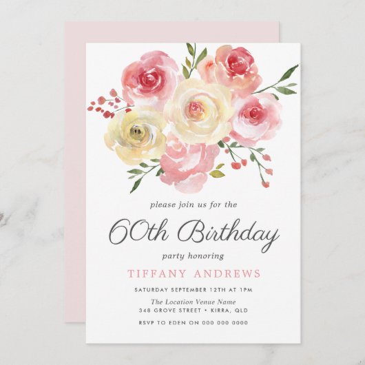 Waterverf Flowers Blush Pink 60th Birthday Invite Kaart (Voorkant / Achterkant)
