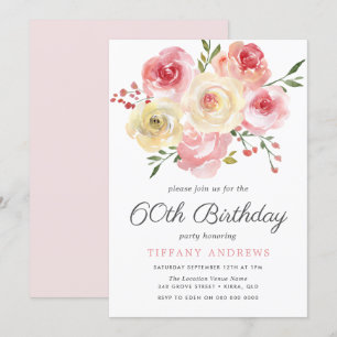 Waterverf Flowers Blush Pink 60th Birthday Invite Kaart