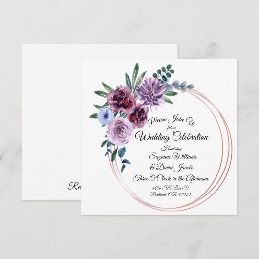 Waterverf Flowers Blush Pink and Paars Wedding Kaart (Voorkant / Achterkant)