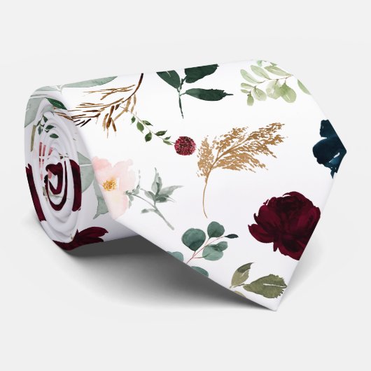 Waterverf Flowers Burgundy Blush Navy Rozen Stropdas (Opgerold)