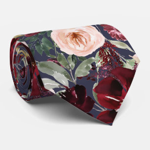 Waterverf Flowers Burgundy Blush Navy Stropdas
