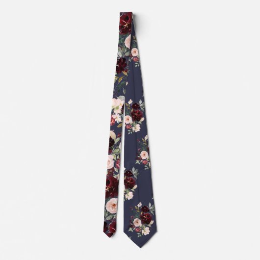 Waterverf Flowers Burgundy Blush Navy Stropdas (Achterkant)