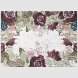 Waterverf Flowers Burgundy Navy Script Decoupage Tissuepapier