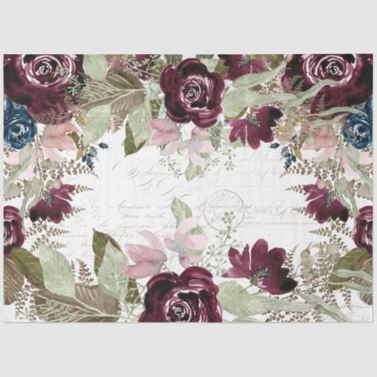 Waterverf Flowers Burgundy Navy Script Decoupage Tissuepapier (Voorkant)