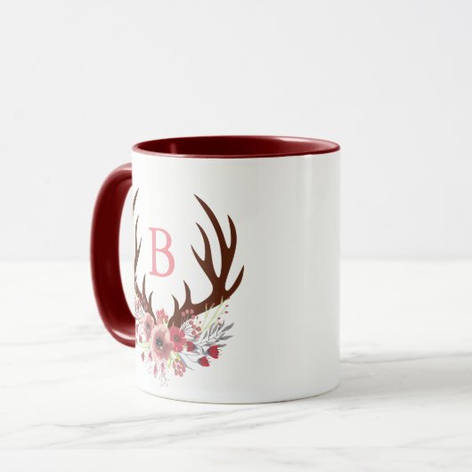 Waterverf Flowers Deer Antlers Initiaal Brief Mok (Voorkant links)