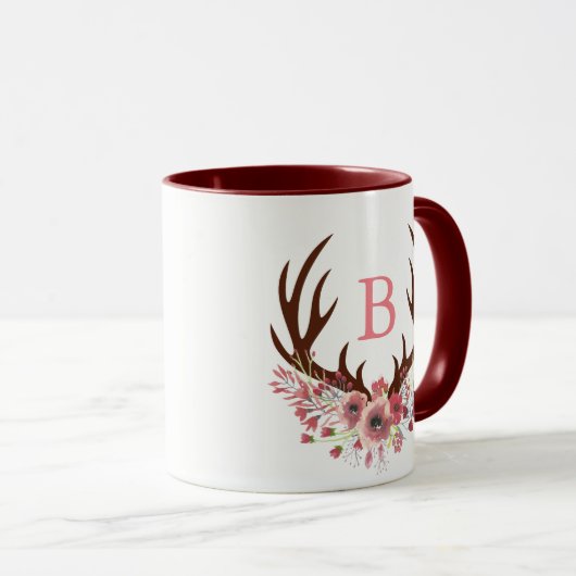 Waterverf Flowers Deer Antlers Initiaal Brief Mok (Voorkant rechts)