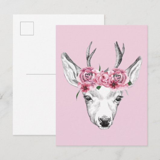 Waterverf Flowers Deer Briefkaart (Voorkant / Achterkant)