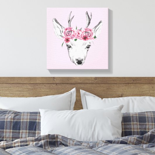 Waterverf Flowers Deer Canvas Afdruk (Insitu (Slaapkamer))