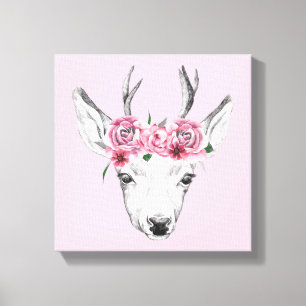 Waterverf Flowers Deer Canvas Afdruk