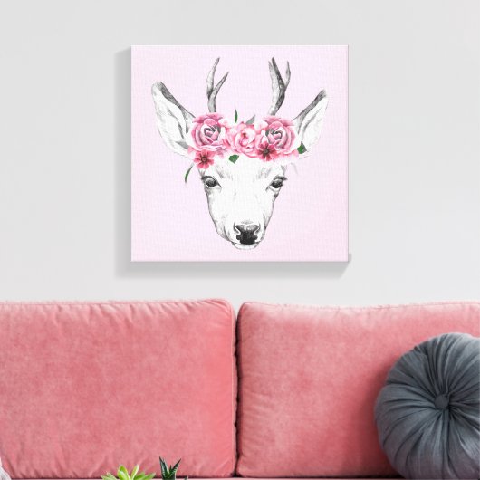 Waterverf Flowers Deer Canvas Afdruk (Insitu (Woonkamer))