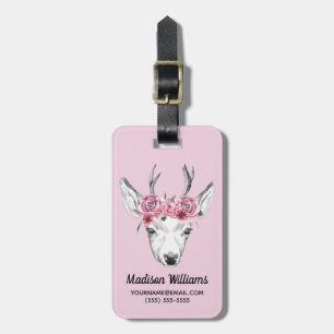 Waterverf Flowers Deer   Jouw namen toevoegen Bagagelabel
