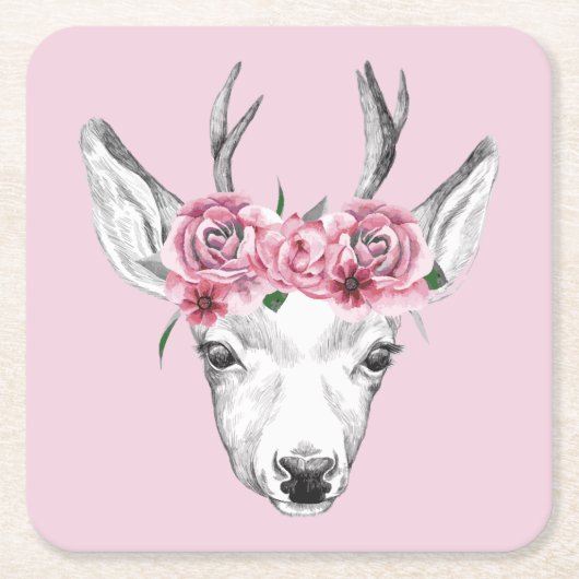 Waterverf Flowers Deer Kartonnen Onderzetters (Voorkant)