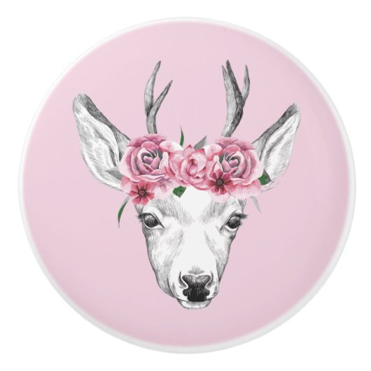 Waterverf Flowers Deer Keramische Knop (Voorkant)
