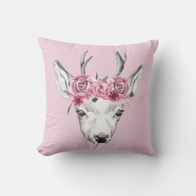 Waterverf Flowers Deer Kussen (Voorkant)