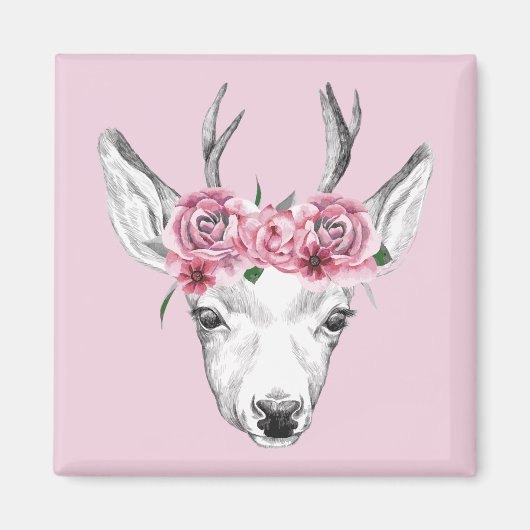 Waterverf Flowers Deer Magneet (Voorkant)