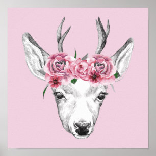 Waterverf Flowers Deer Poster