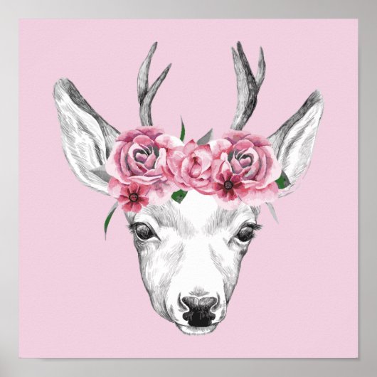 Waterverf Flowers Deer Poster (Voorkant)