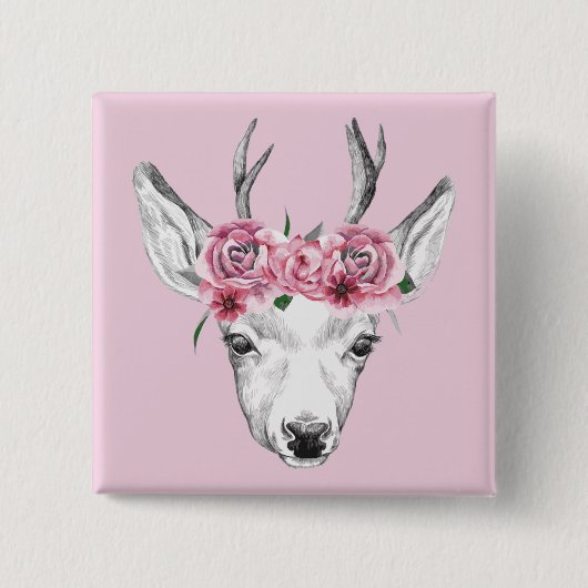 Waterverf Flowers Deer Vierkante Button 5,1 Cm (Voorkant)