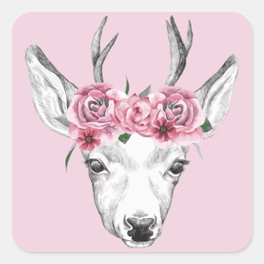 Waterverf Flowers Deer Vierkante Sticker (Voorkant)