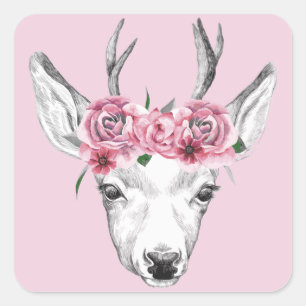Waterverf Flowers Deer Vierkante Sticker
